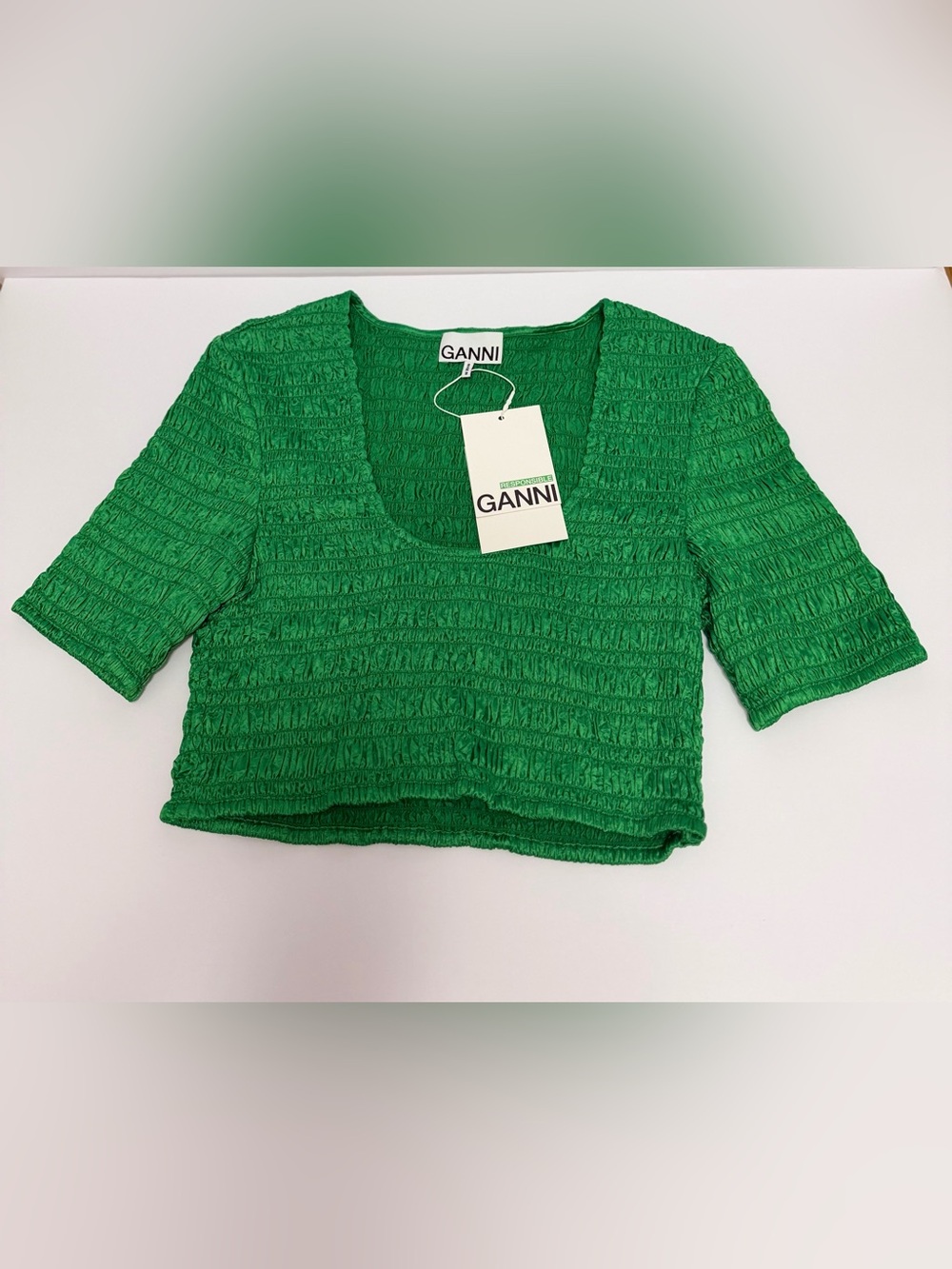Ganni Cropped Ruched Scoop U Neck Top Bright Emerald Green NWT Size 38
